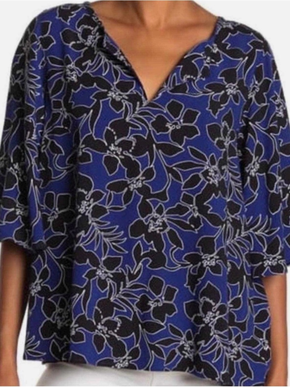 Tommy Bahama Blue Floral Split-Neck Women's Top Large